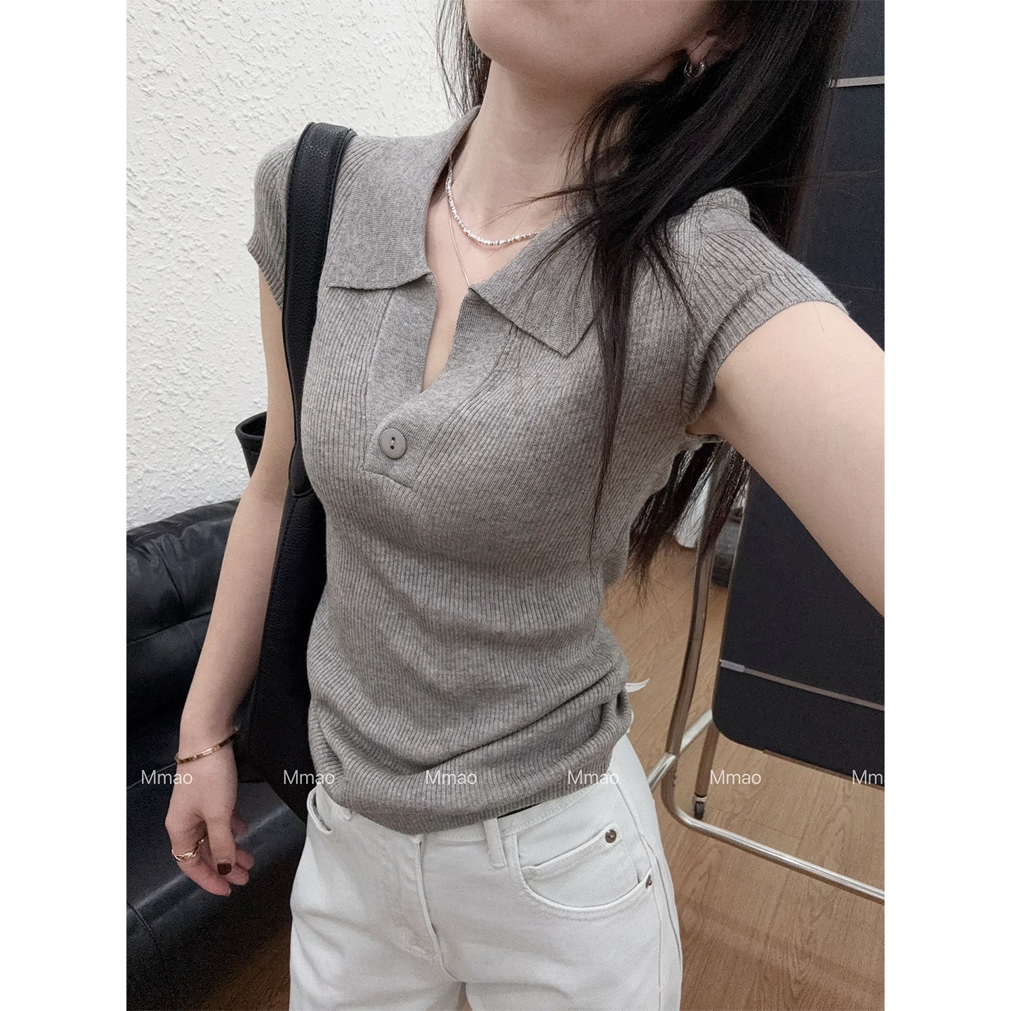 Mmao設計感一粒扣翻領針織衫短袖女夏季新款修身顯瘦t恤上衣薄款