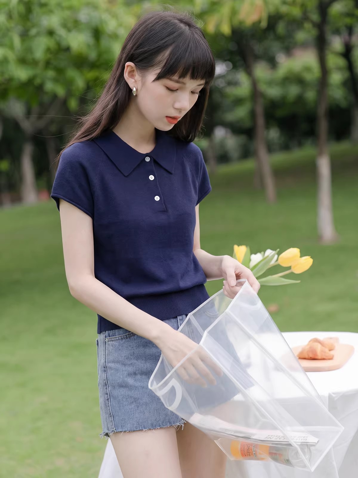 韓系藍色polo領短袖針織衫上衣女夏季新款清新超好看正肩T恤
