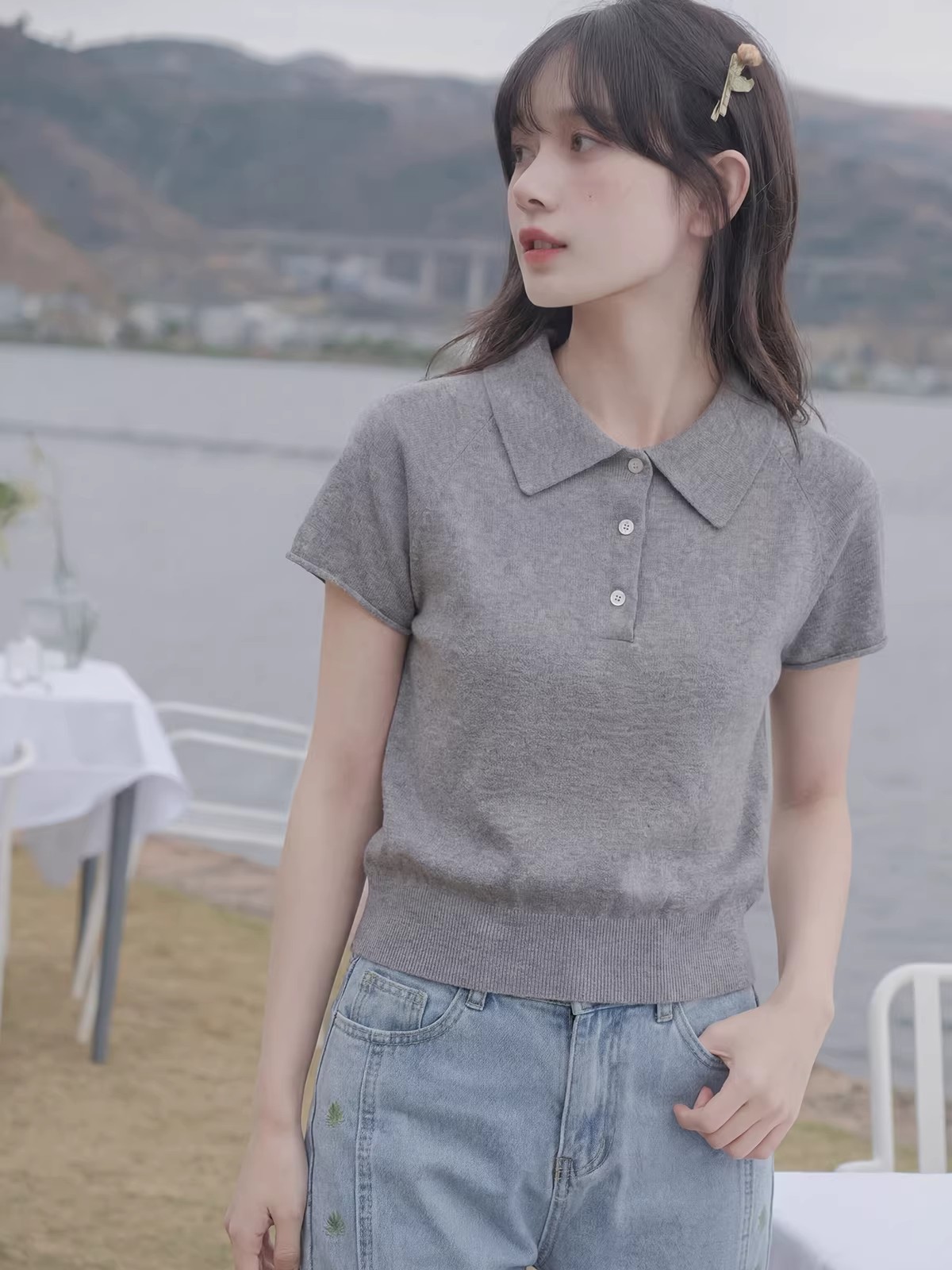 韓系藍色polo領短袖針織衫上衣女夏季新款清新超好看正肩T恤