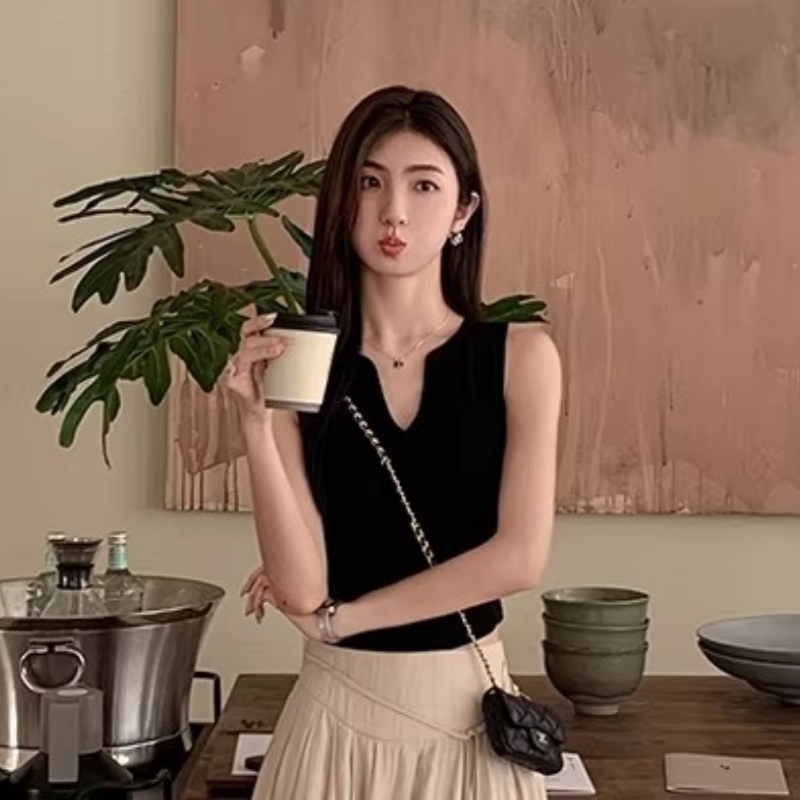 v領針織衫背心女設計感小眾修身短款褶皺別致百搭無袖上衣