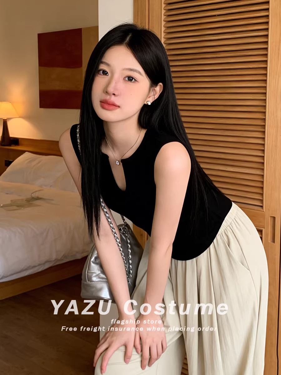 暗黑系辣妹設計感褶皺修身吊帶背心女夏季新款收腰修身短款上衣服