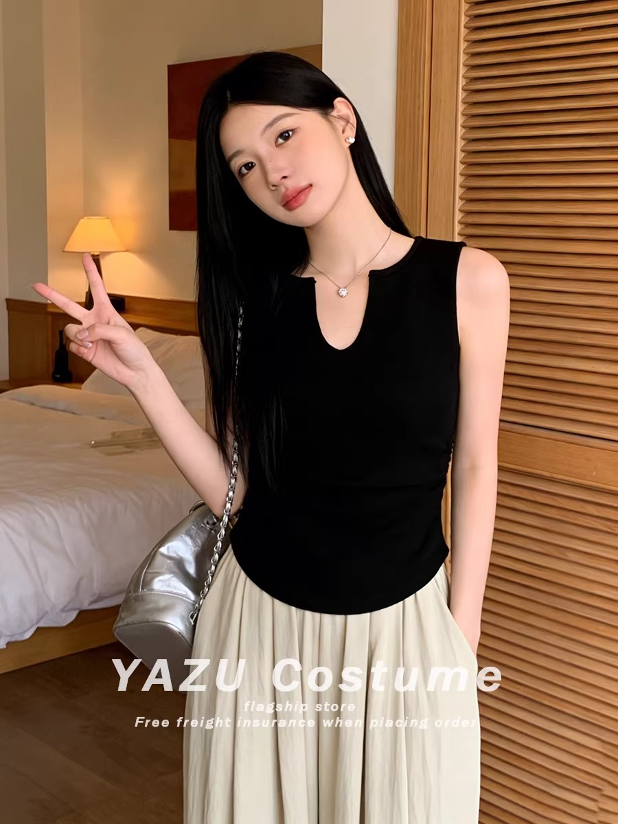 暗黑系辣妹設計感褶皺修身吊帶背心女夏季新款收腰修身短款上衣服