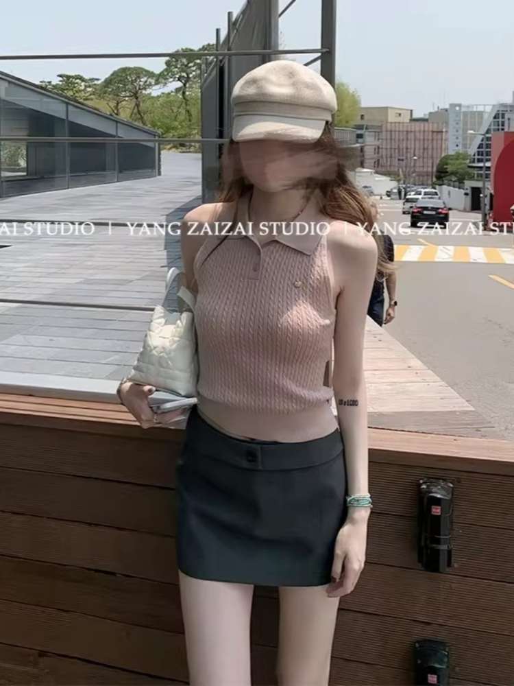 蘑糯糯monoo松軟不悶熱粉色針織上衣夏季清涼感透氣背心