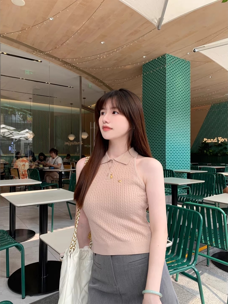 藕粉色翻領針織衫女夏季麻花休閑無袖背心修身顯瘦氣質上衣