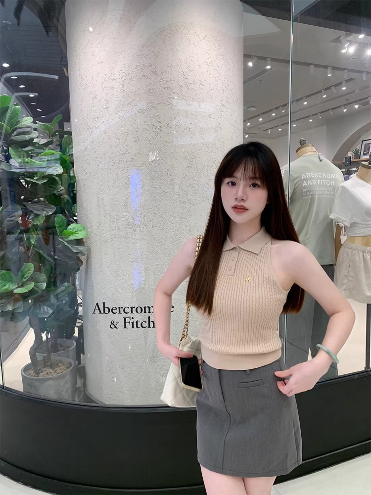 藕粉色翻領針織衫女夏季麻花休閑無袖背心修身顯瘦氣質上衣
