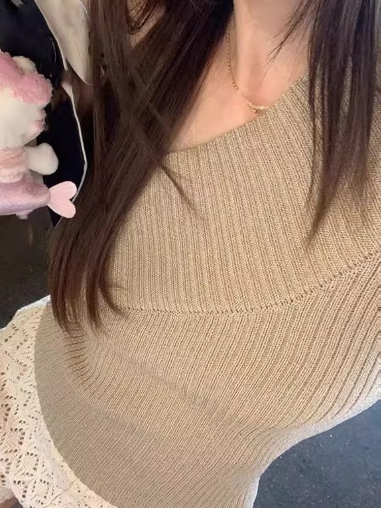 法式斜肩掛脖冰絲針織背心女夏季外穿新款修身甜辣妹露肩上衣
