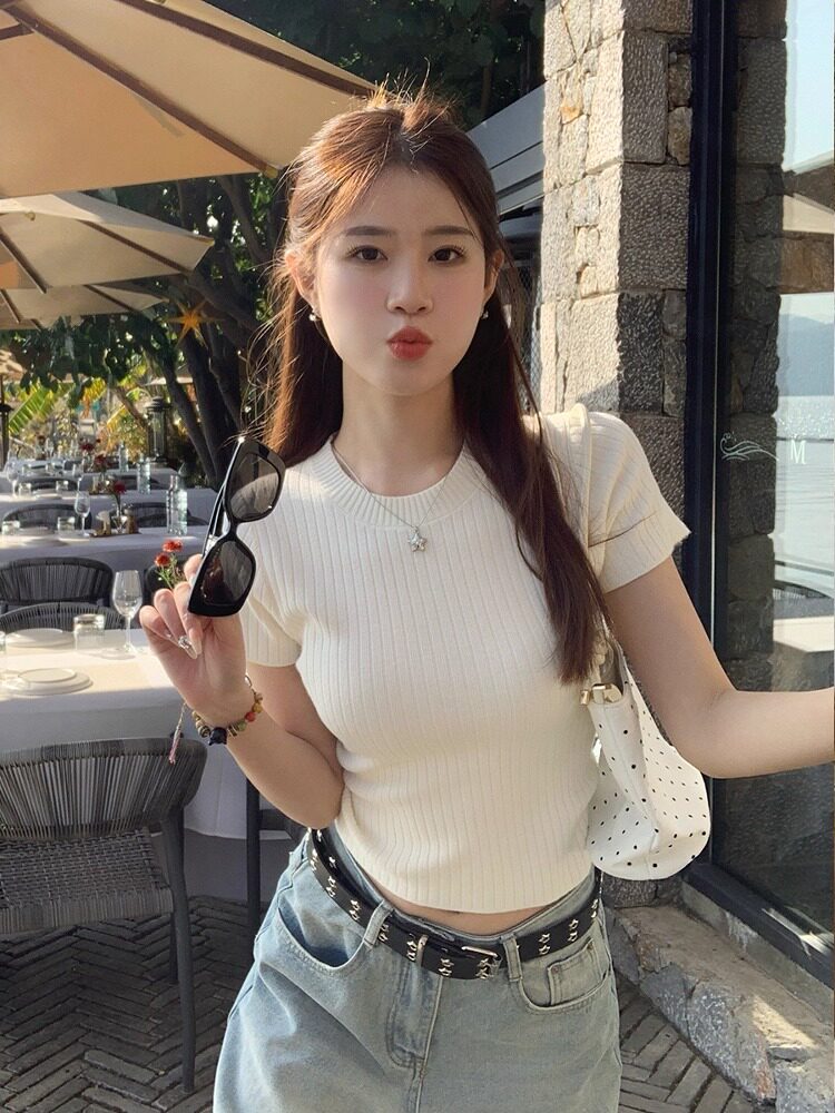 rouje kelly氣質簡約針織短袖女夏薄款修身短款圓領t恤超好看上衣