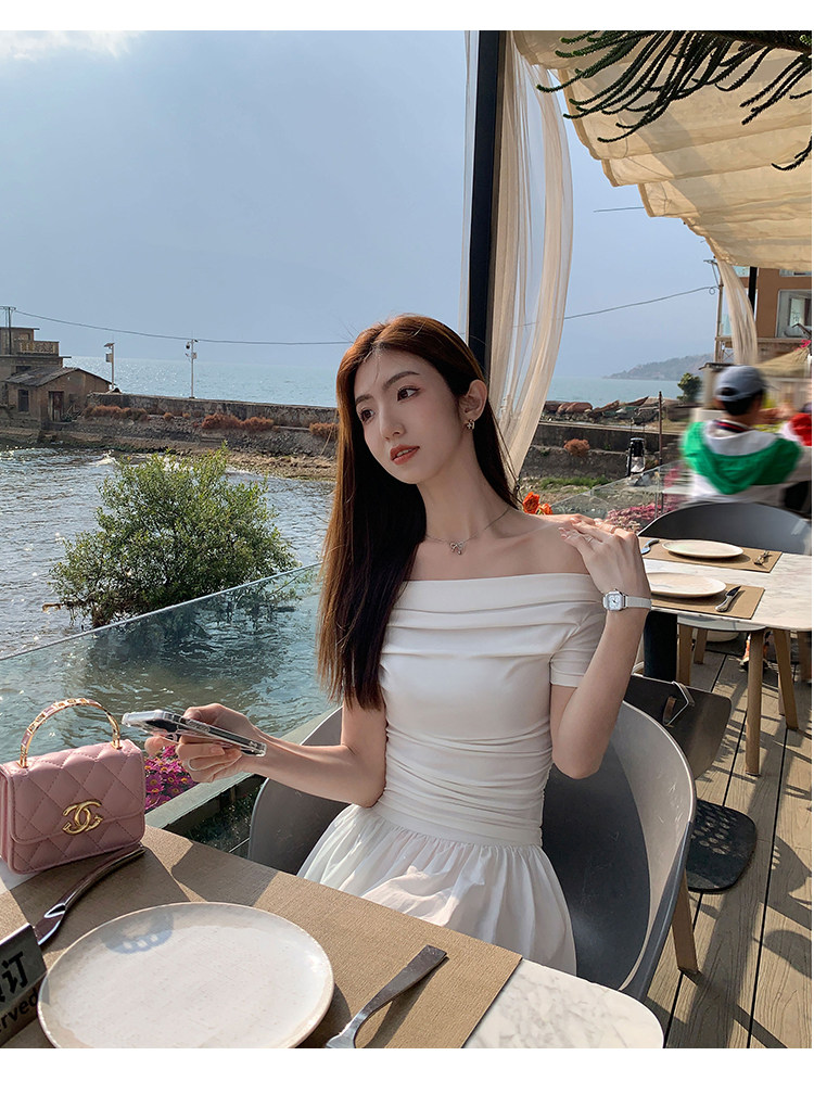 2026夏季新款一字肩上衣女短袖修身冷淡系設計感露肩性感針織衫
