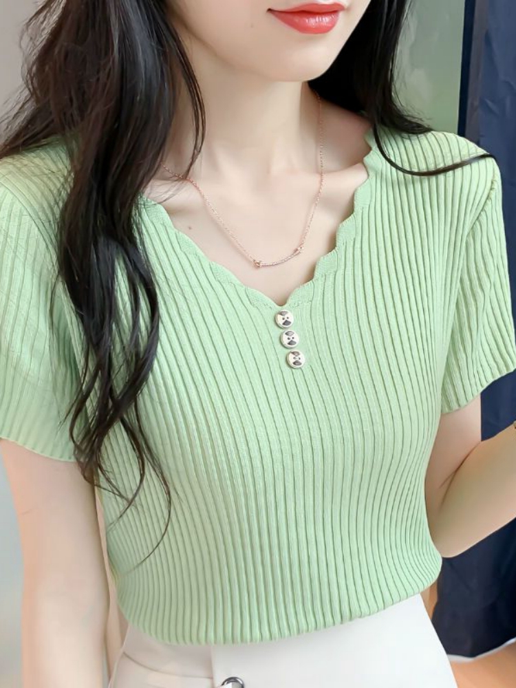 短袖V領T恤女2026夏季新款洋氣寬松針織衫短款白色打底衫爆款上衣