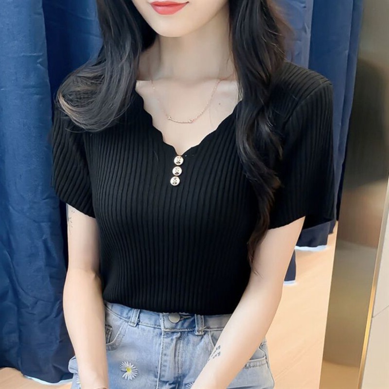短袖V領T恤女2026夏季新款洋氣寬松針織衫短款白色打底衫爆款上衣