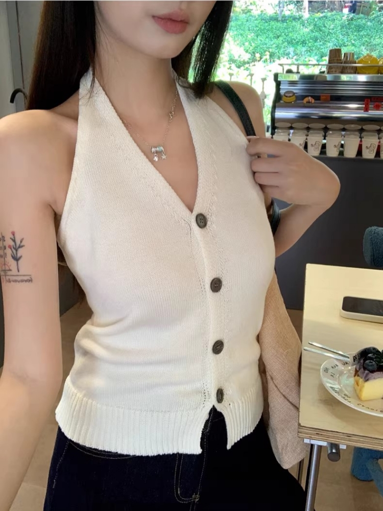 法式吊帶背心女夏外穿白色美背絕美別致高級感針織掛脖上衣
