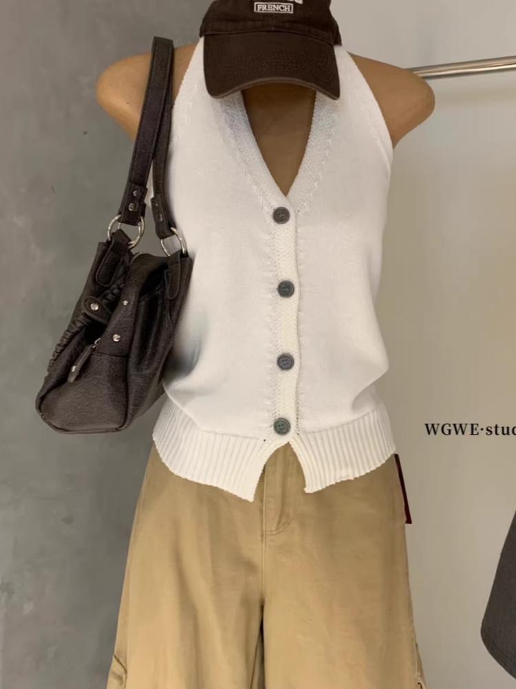 V領掛脖針織吊帶背心女2026新款夏季美背外穿無袖上衣設計感內搭