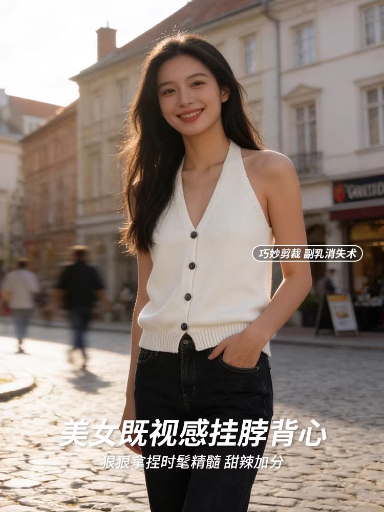 V領掛脖針織吊帶背心女2026新款夏季美背外穿無袖上衣設計感內搭