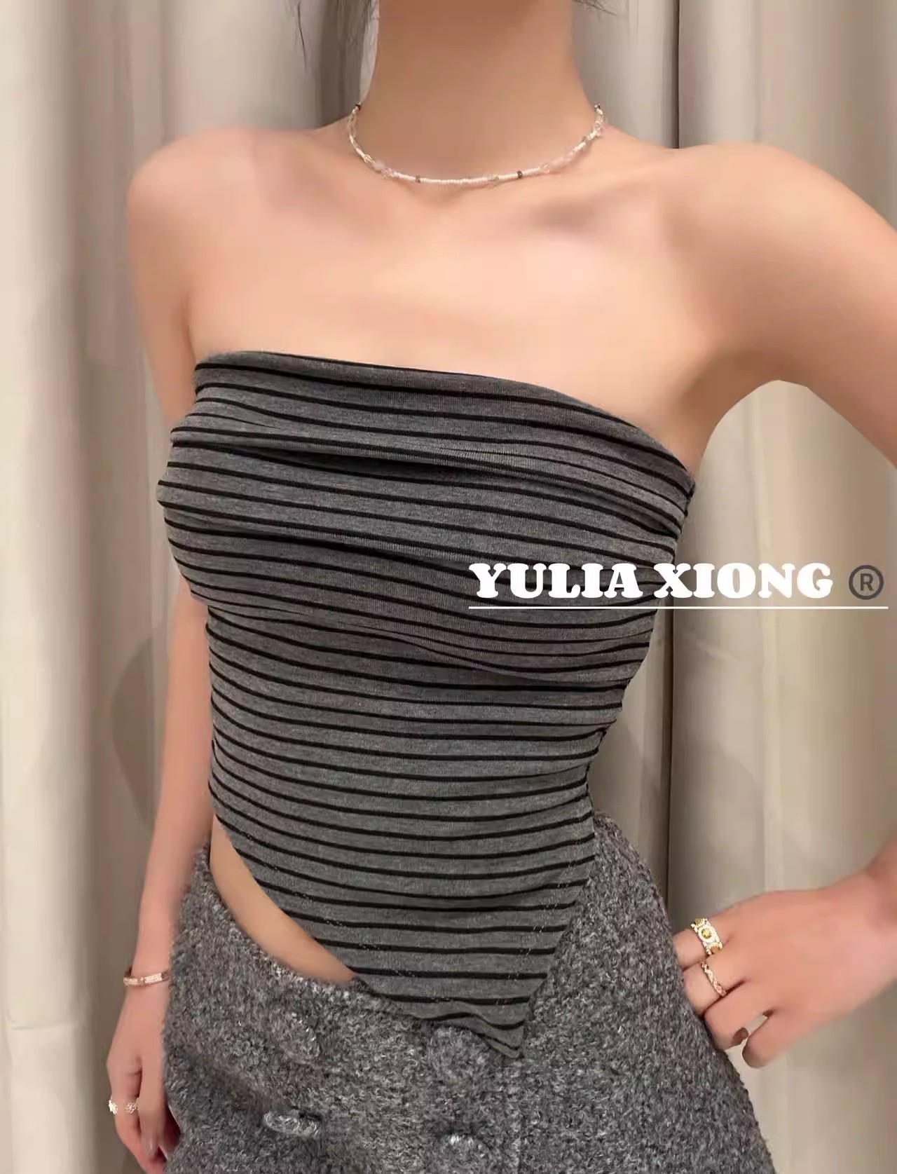 灰色針織條紋不規則抹胸背心女夏季外穿無袖辣妹裹胸上衣帶胸墊