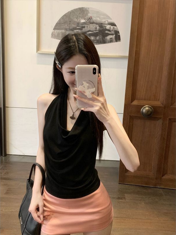 韓版蕩領掛脖針織衫背心修身顯瘦露背無袖吊帶上衣女裝chic