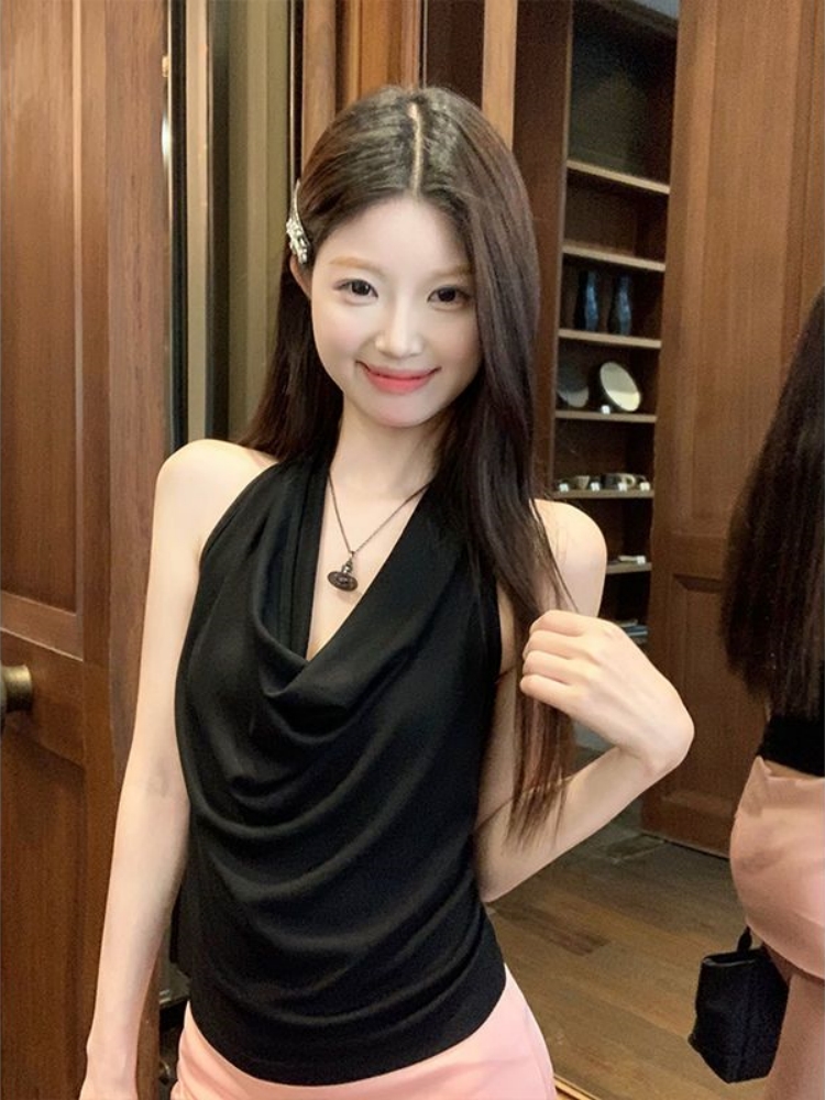 韓版蕩領掛脖針織衫背心修身顯瘦露背無袖吊帶上衣女裝chic
