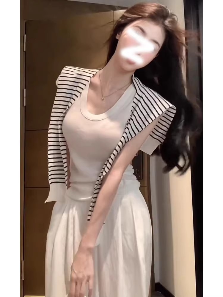 韓系老錢風條紋披肩針織衫女夏季設計感小眾寬松顯瘦坎肩無袖上衣