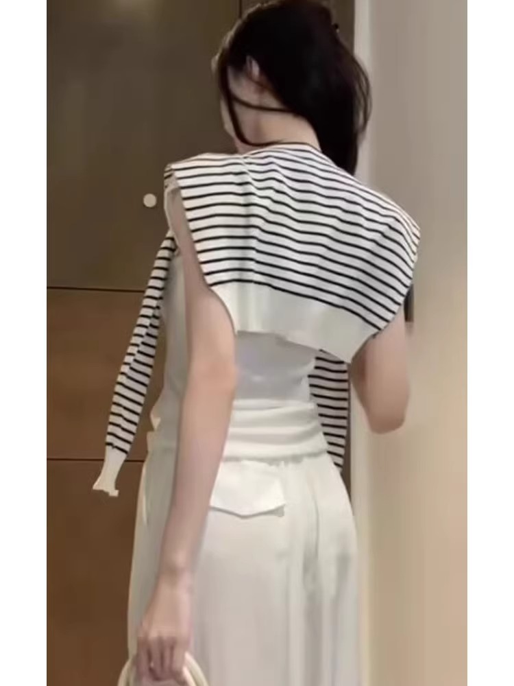 韓系老錢風條紋披肩針織衫女夏季設計感小眾寬松顯瘦坎肩無袖上衣