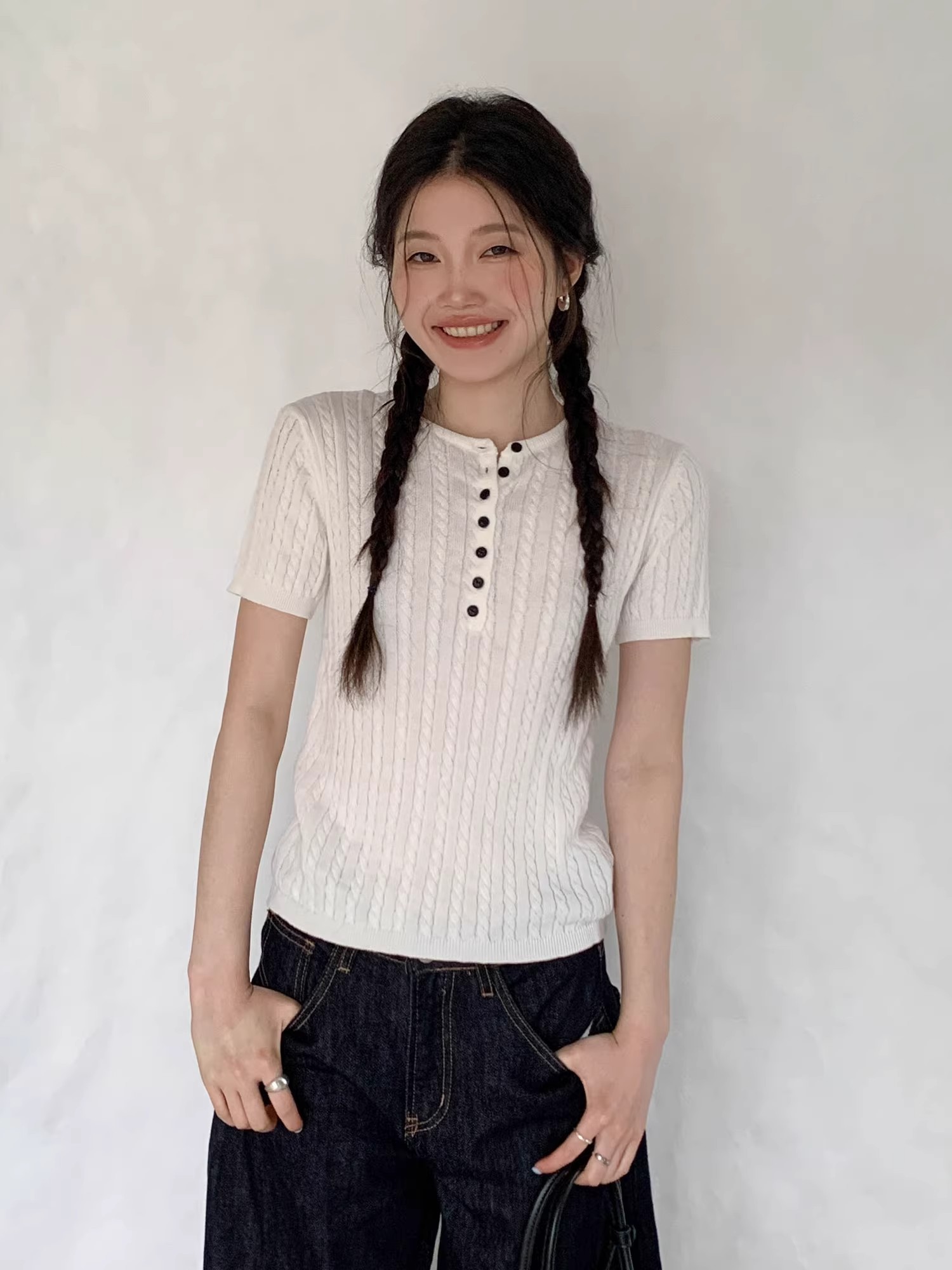 白色麻花短袖針織衫女夏季2026新款韓系百搭巨好看薄款上衣