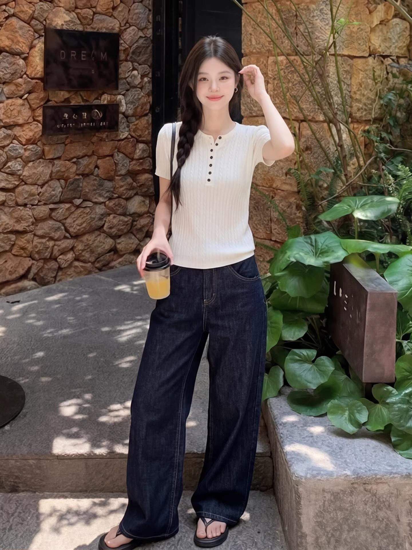 白色亨利領短款上衣女夏季法式修身廣州十三行針織衫正肩短袖T恤