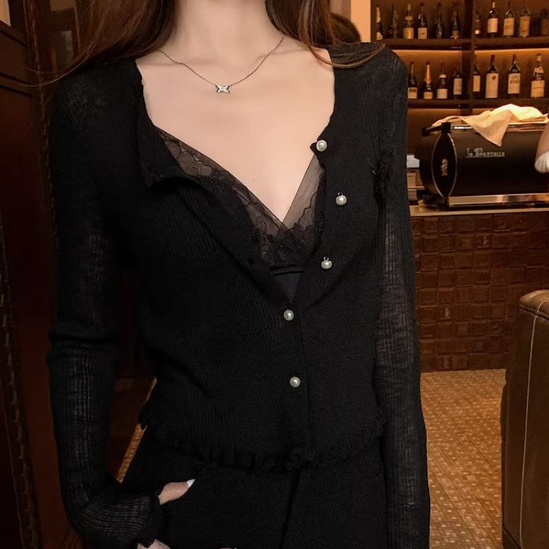 Luxe純欲交織碎花蕾絲吊帶背心氣質時尚簡約女針織衫開衫