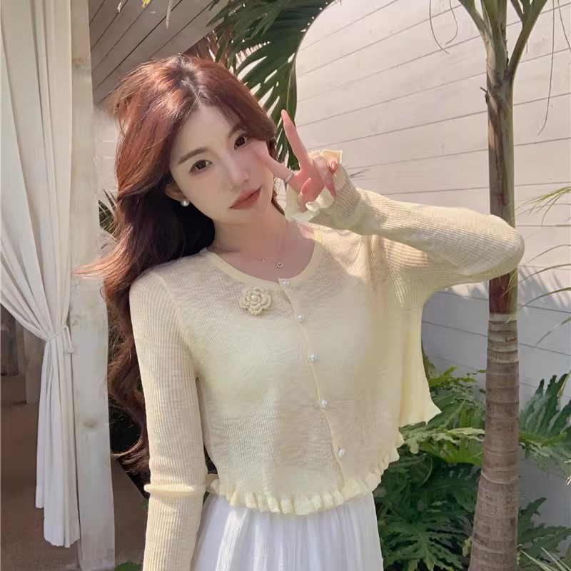 夏日輕薄開衫黃色針織衫上衣女外搭薄款防曬衫2026新款長袖罩衫潮