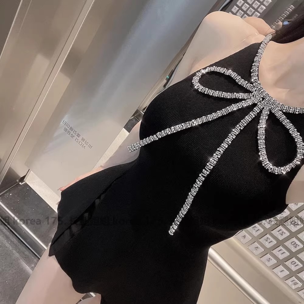 175長腿姐姐韓國代購bling閃鉆蝴蝶結甜美性感修身顯瘦針織背心