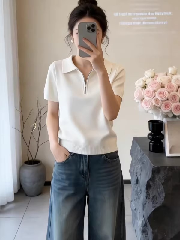 韓系簡約半拉鏈翻領針織短袖女2026夏大碼胖MM寬松顯瘦Polo衫上衣