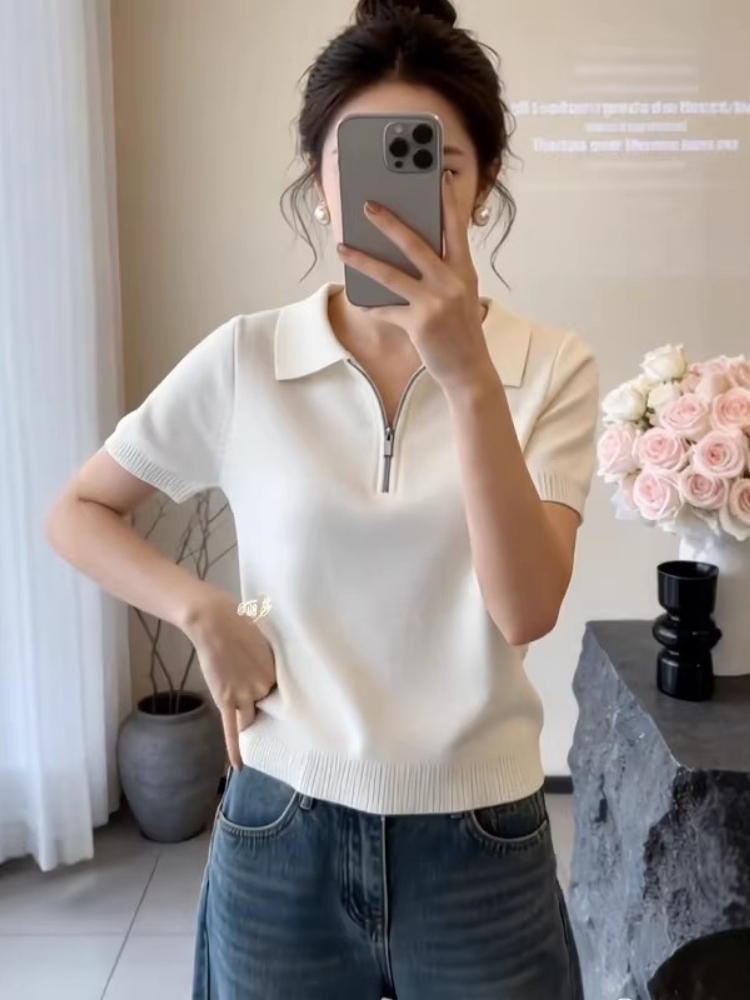 韓系簡約半拉鏈翻領針織短袖女2026夏大碼胖MM寬松顯瘦Polo衫上衣