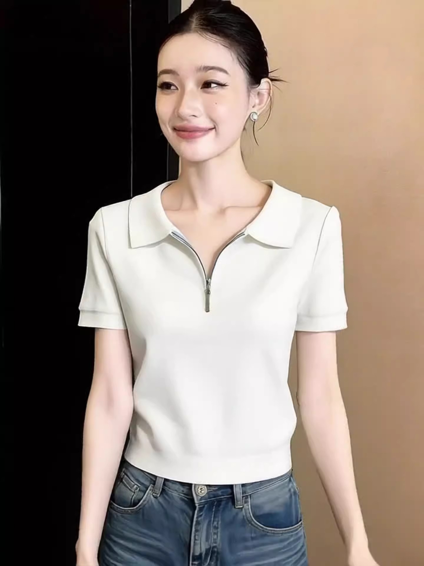 女裝純色半拉鏈polo領短袖針織t恤夏裝百搭舒適上衣