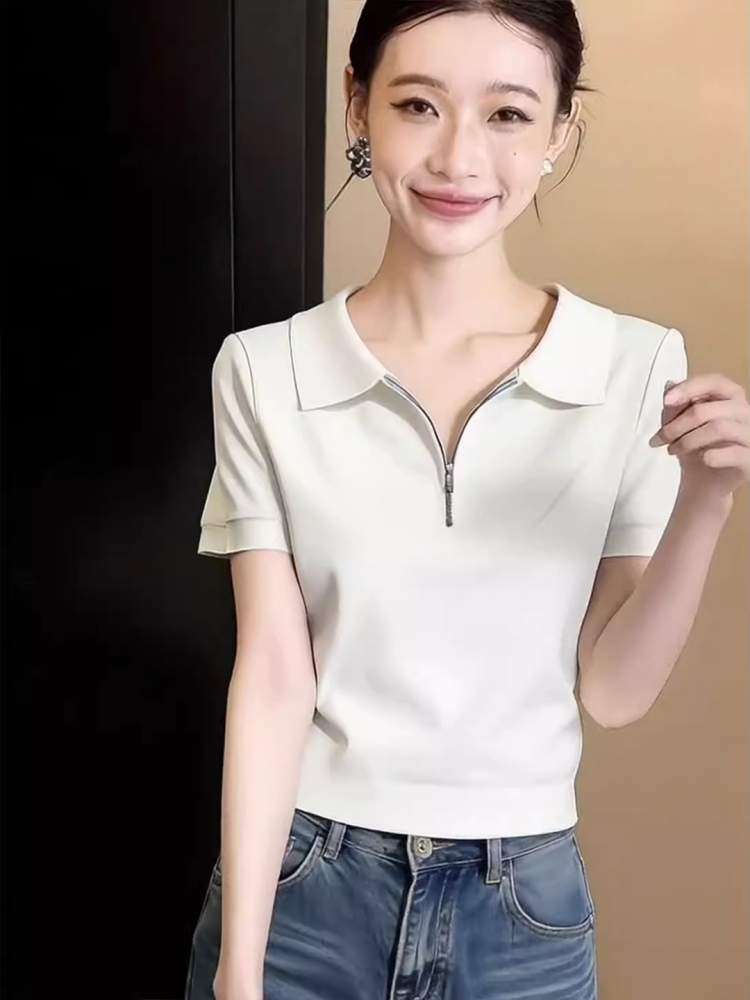 女裝純色半拉鏈polo領短袖針織t恤夏裝百搭舒適上衣