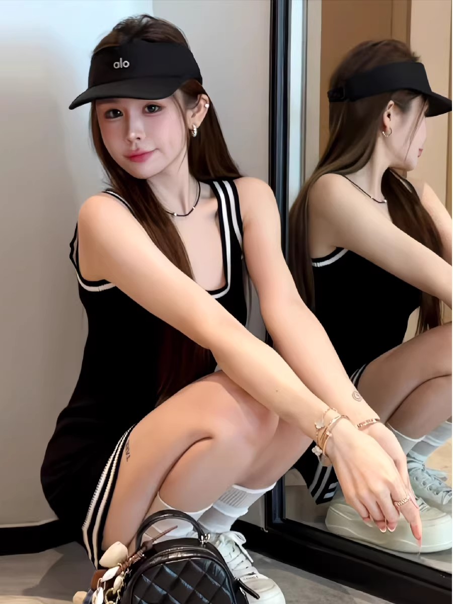 韓系時尚撞色條紋針織吊帶連衣裙女夏季新款小個子收腰顯瘦裙子