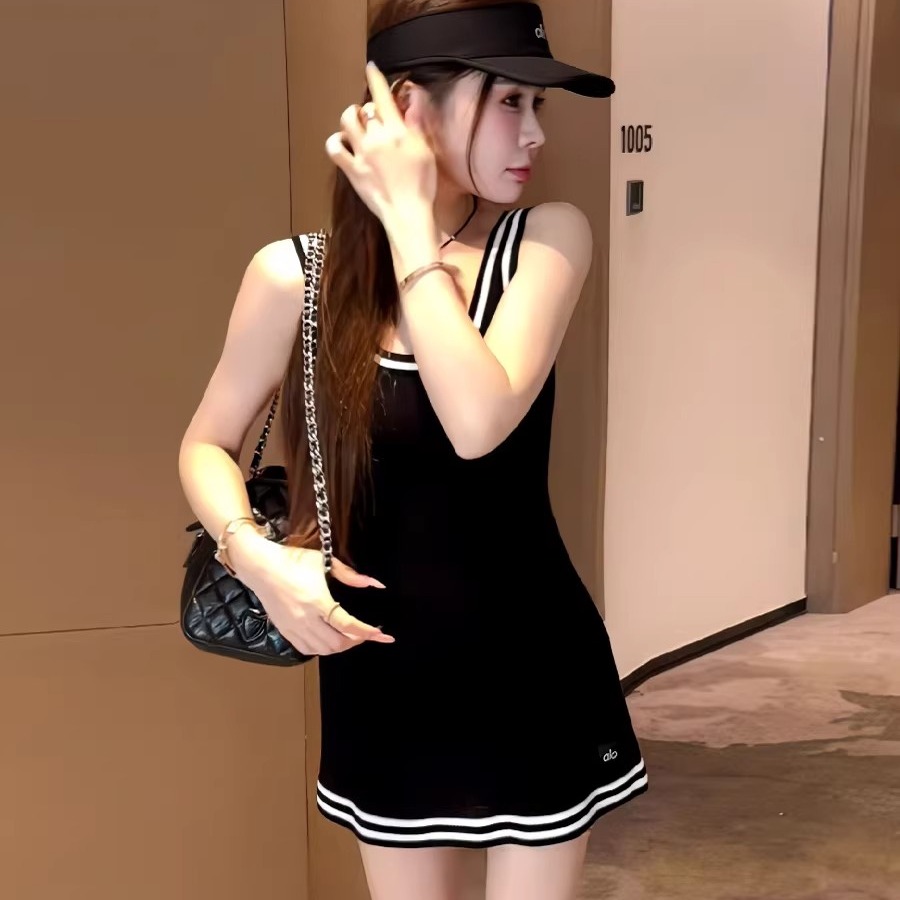 韓系時尚撞色條紋針織吊帶連衣裙女夏季新款小個子收腰顯瘦裙子