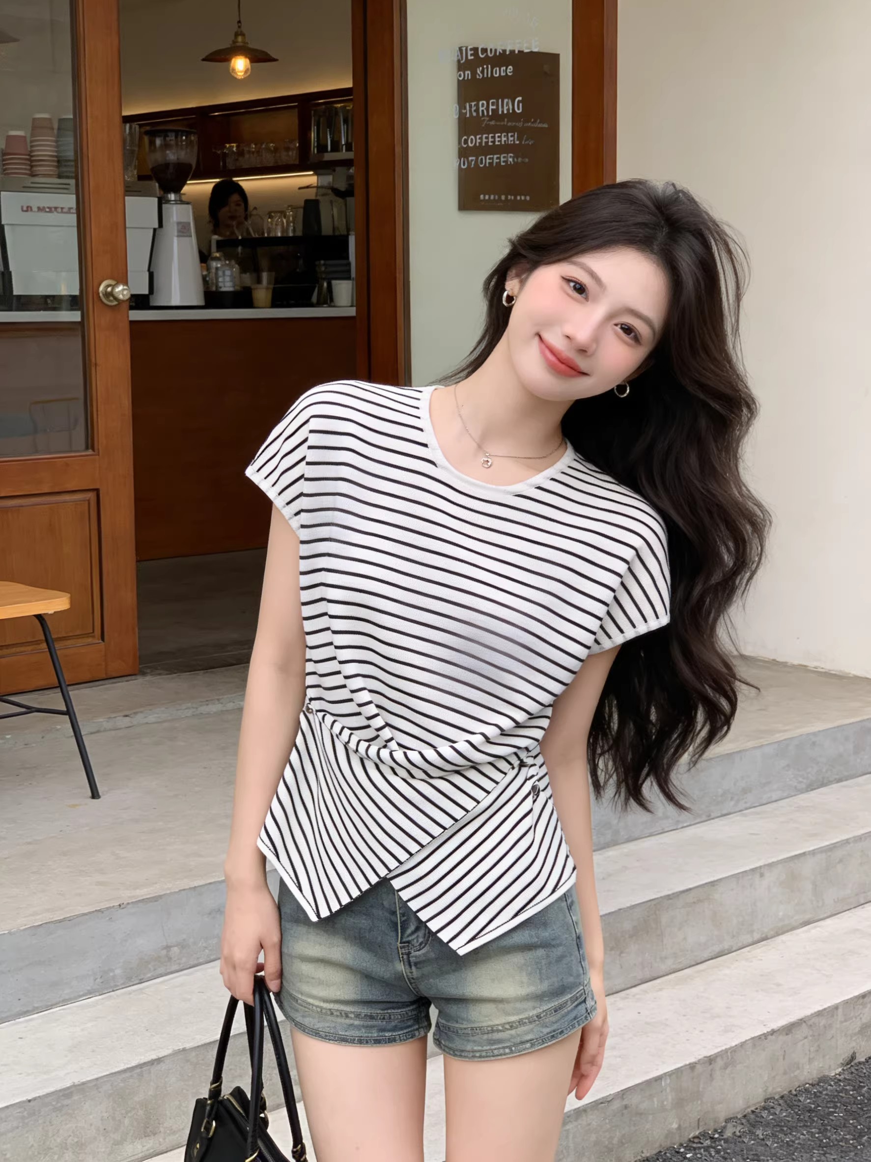 韓系chic松弛感奶藍色針織衫收腰褶皺女不規則下擺顯瘦設計感上衣
