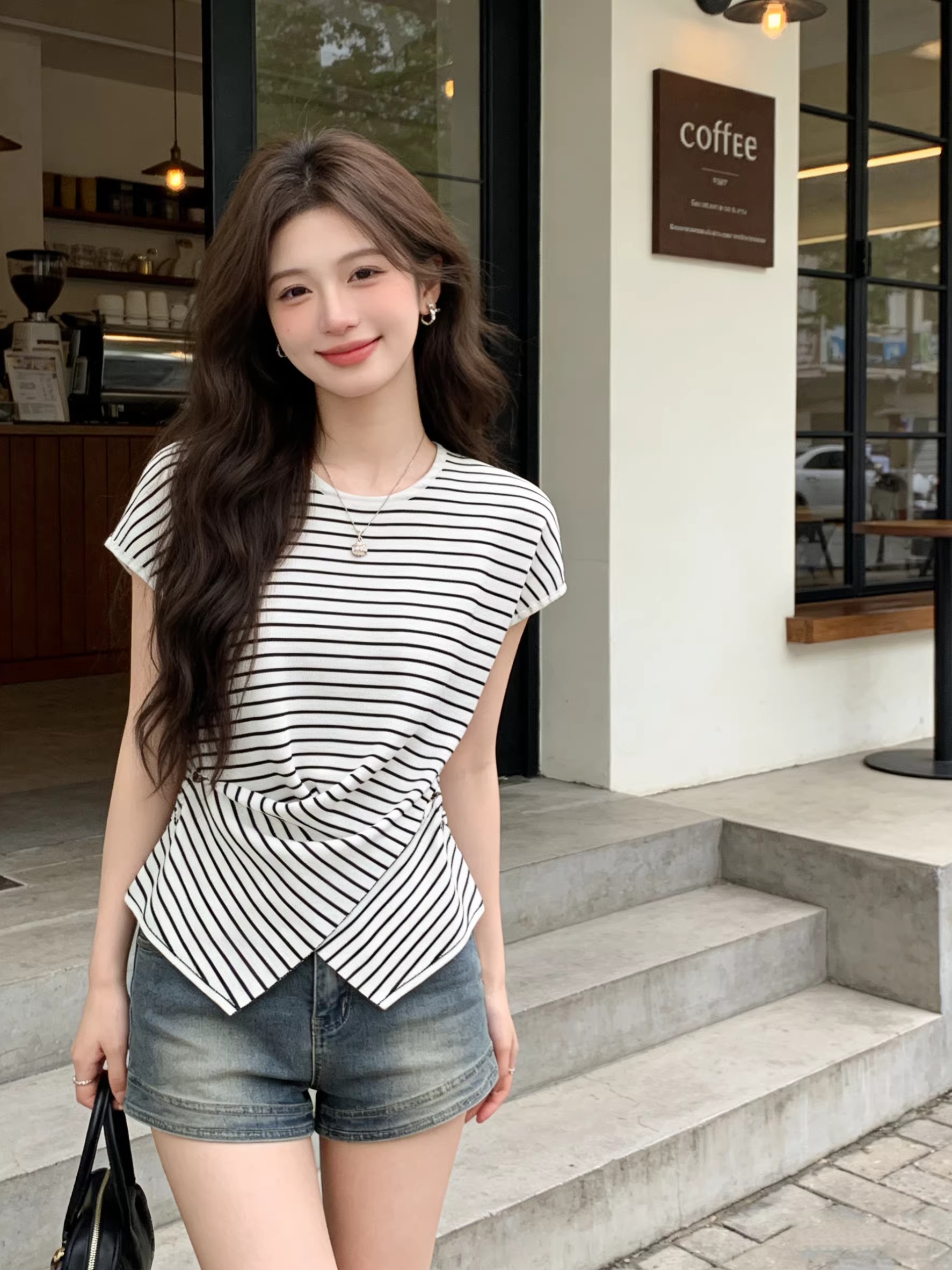 韓系chic松弛感奶藍色針織衫收腰褶皺女不規則下擺顯瘦設計感上衣