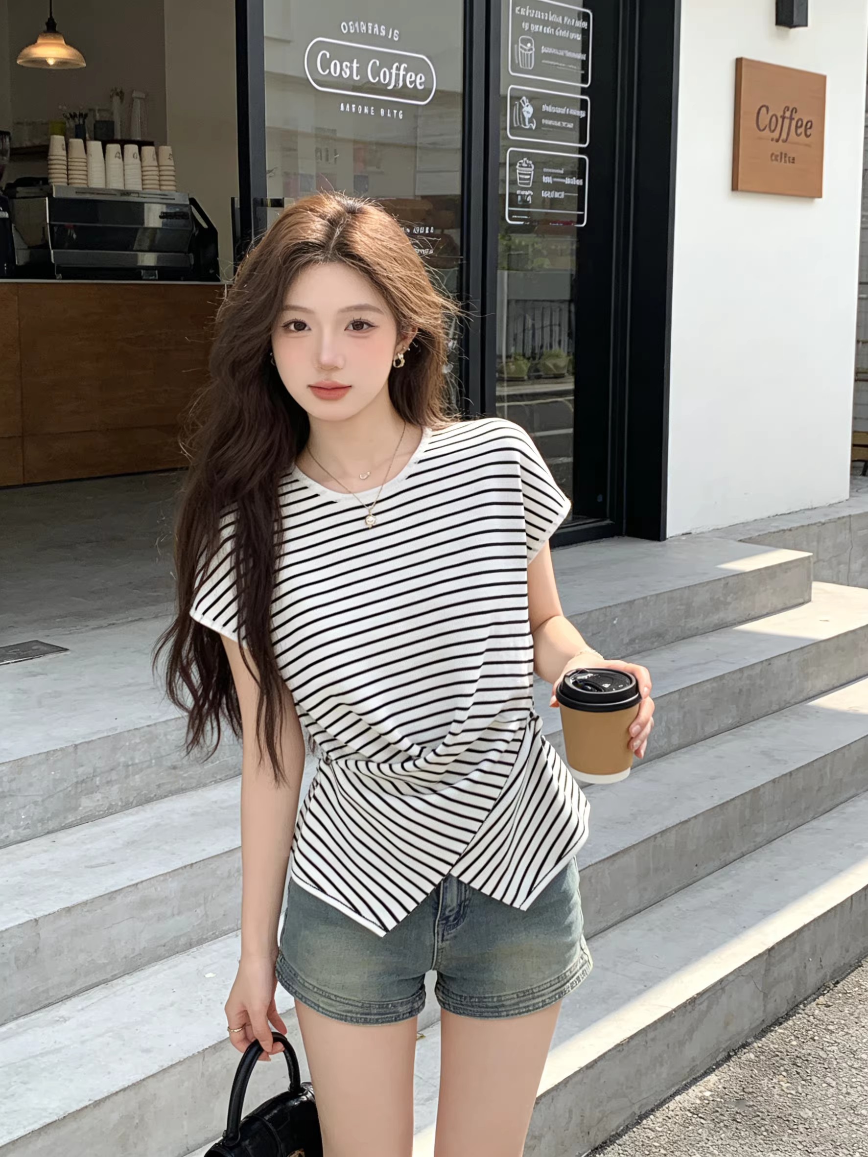韓系chic松弛感奶藍色針織衫收腰褶皺女不規則下擺顯瘦設計感上衣
