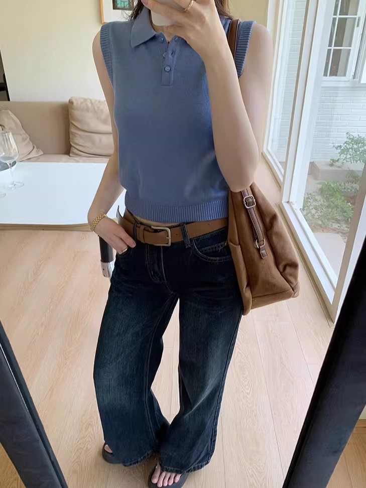 設計感POLO領純色無袖背心女裝夏季新款百搭顯瘦外穿上衣