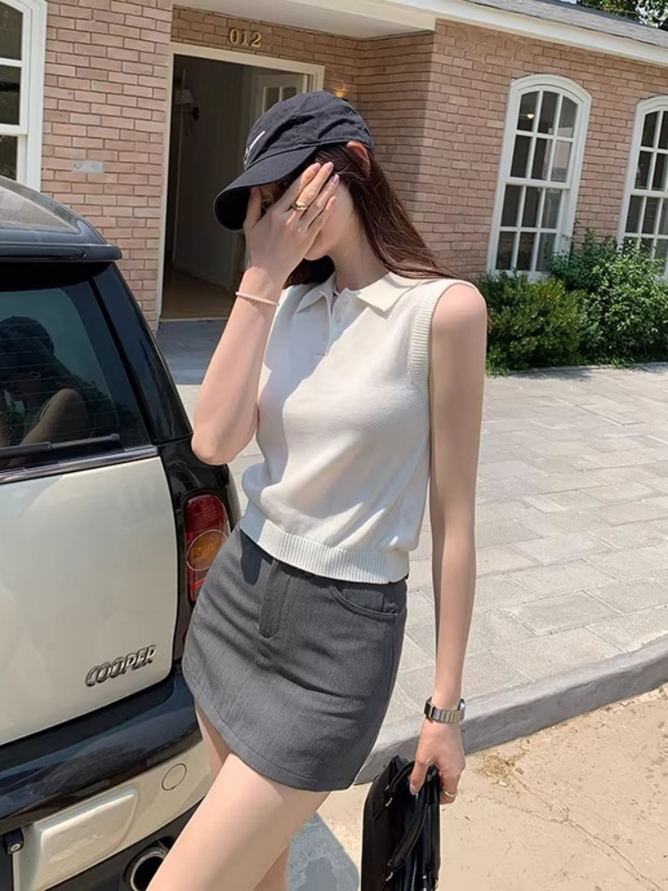設計感POLO領純色無袖背心女裝夏季新款百搭顯瘦外穿上衣