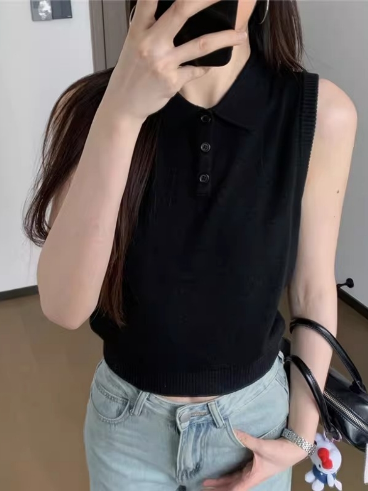高級感杏色無袖針織polo衫女夏2026新款超好看翻領背心T恤小上衣