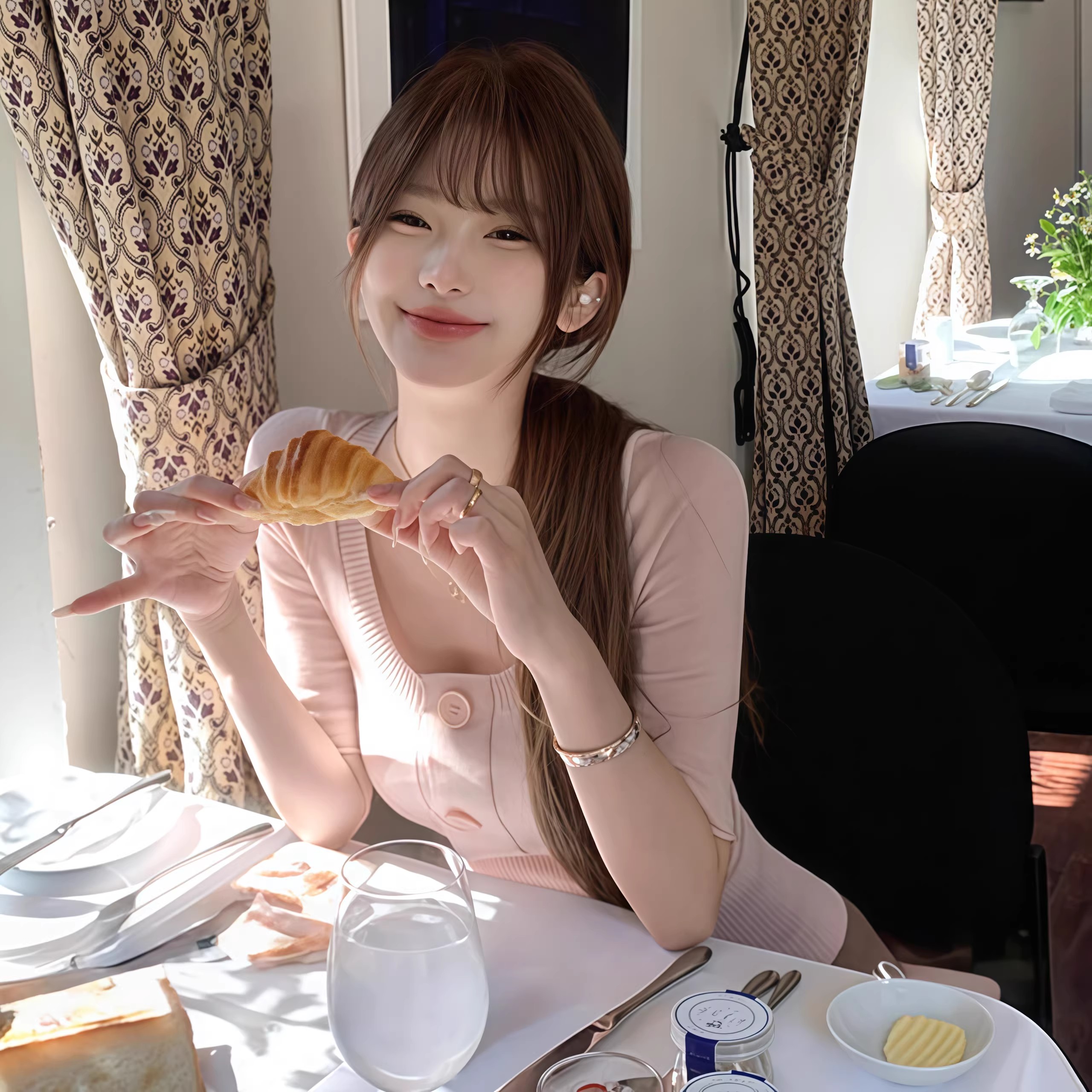少女粉色純欲風U領針織衫春季獨特漂亮薄款套頭修身顯瘦中袖上衣