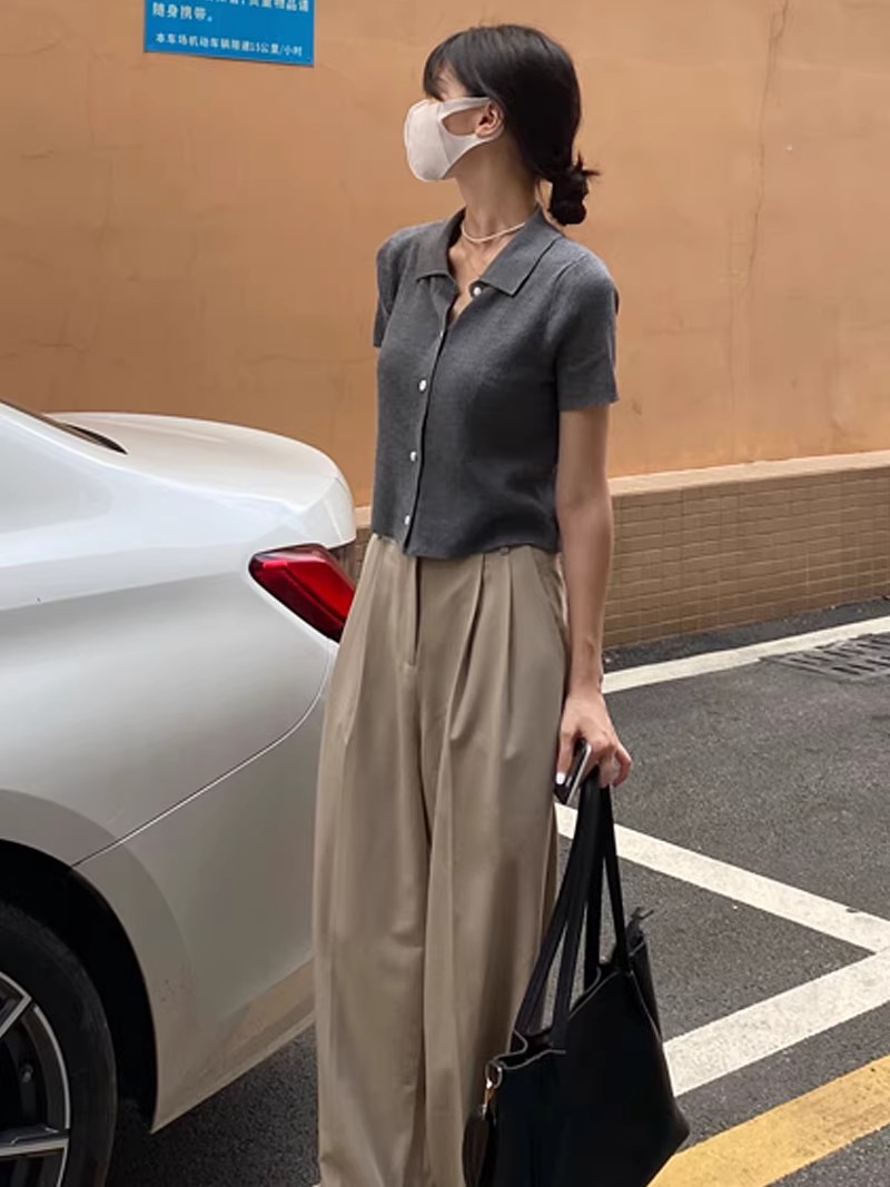 polo領短袖T恤女夏季冰絲針織衫法式薄款翻領開衫設計感短款上衣