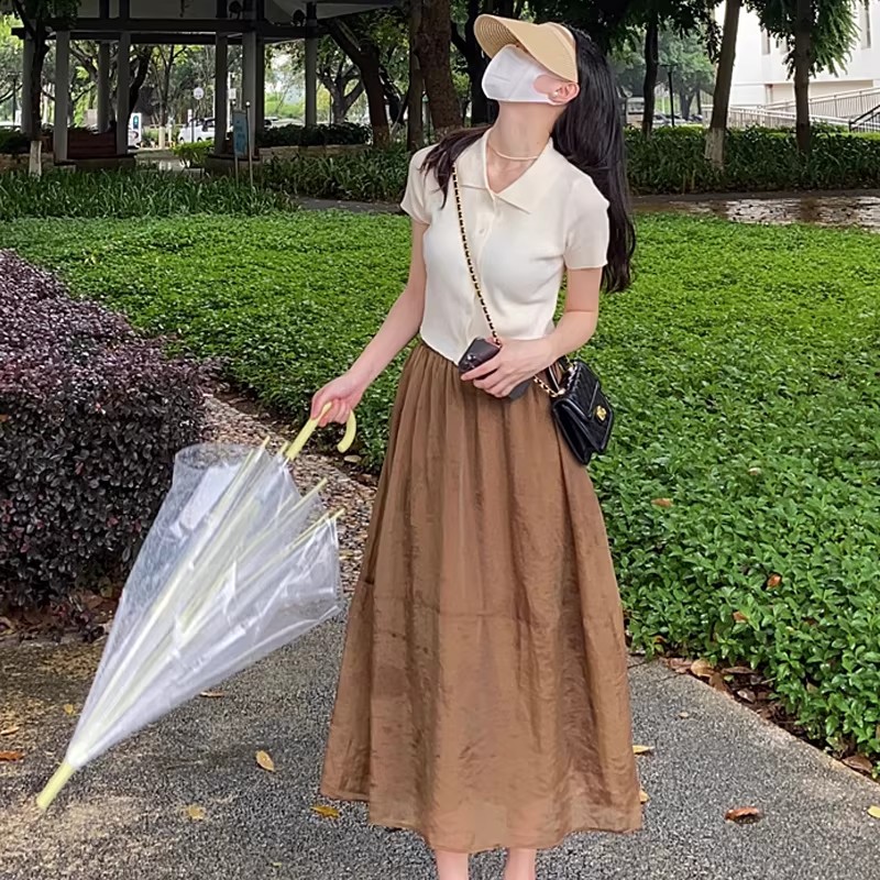 polo領短袖T恤女夏季冰絲針織衫法式薄款翻領開衫設計感短款上衣