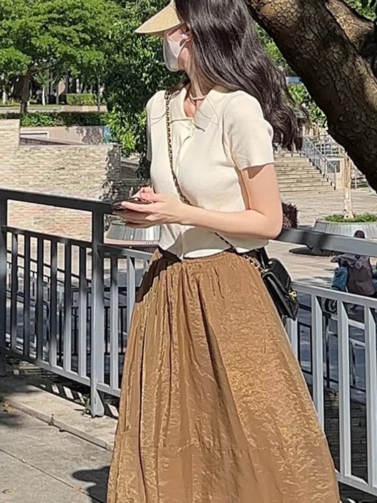 polo領短袖T恤女夏季冰絲針織衫法式薄款翻領開衫設計感短款上衣
