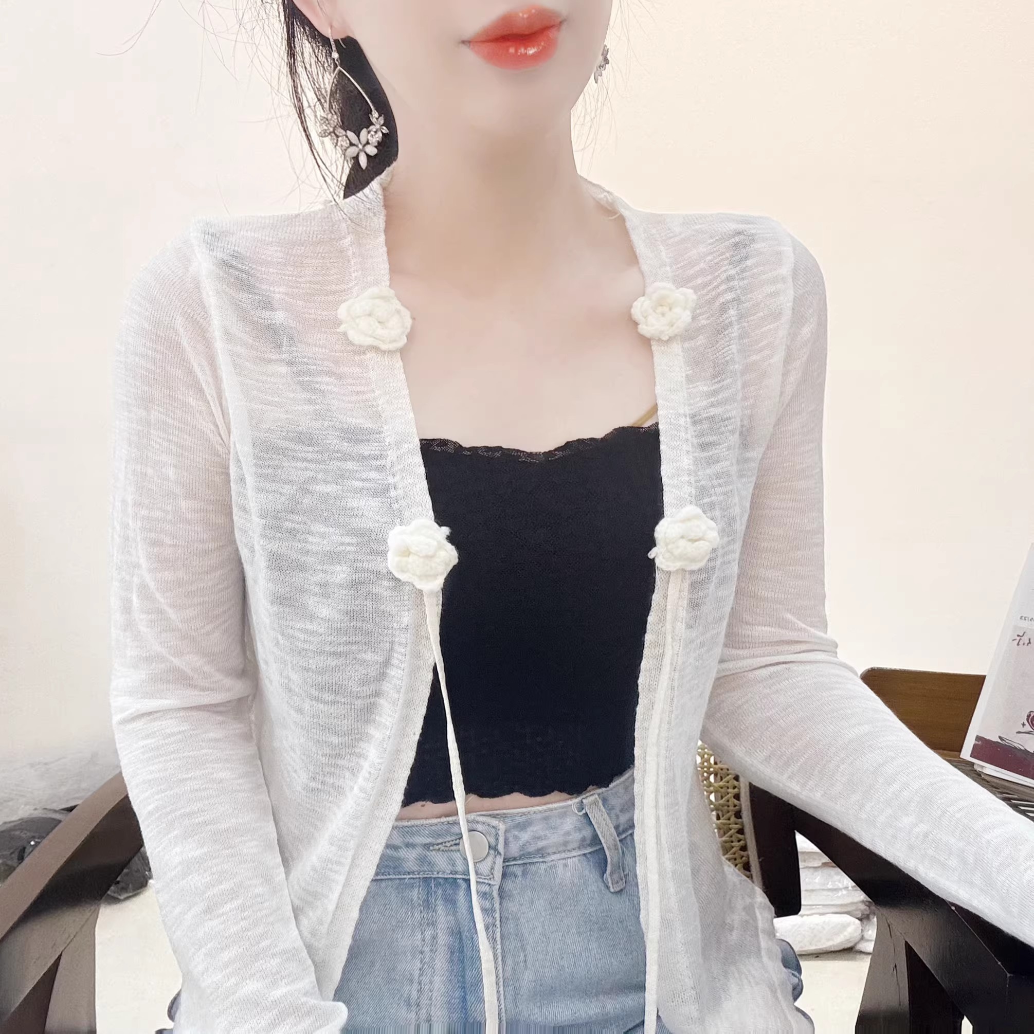 花朵針織開衫吊帶裙外搭女長袖披肩防曬衫鏤空配裙子系帶罩衫上衣