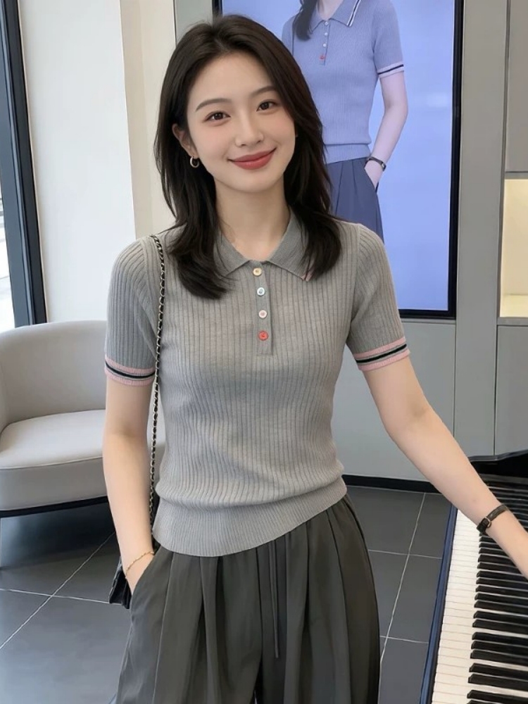 2026夏季新款撞色POLO領短袖針織衫女彩色紐扣小清晰減齡百搭上衣