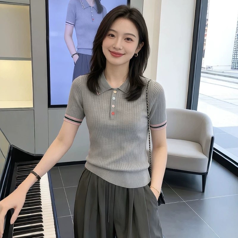 2026夏季新款撞色POLO領短袖針織衫女彩色紐扣小清晰減齡百搭上衣
