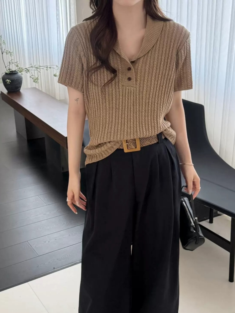 老錢風絞花短袖針織t恤女正肩高級感冰絲內搭顯瘦翻領上衣