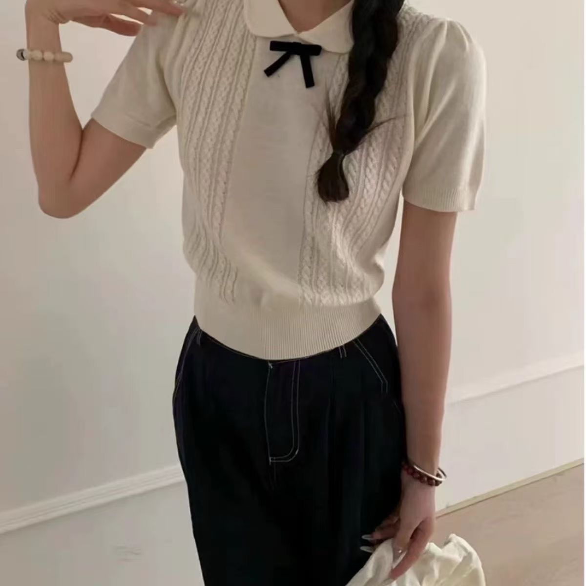 2026新款高級感灰色針織短袖女夏季通勤百搭減齡上衣T恤寬松時尚