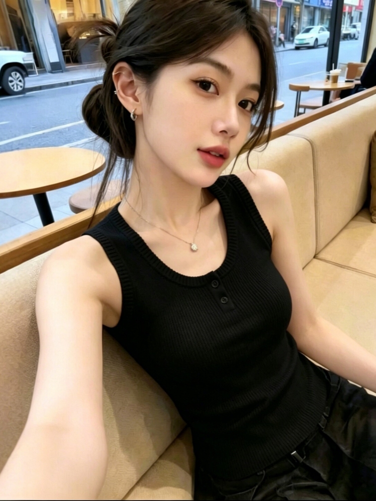 法式杏色U領針織背心女無袖2026夏季新款修身顯瘦內搭外穿上衣潮