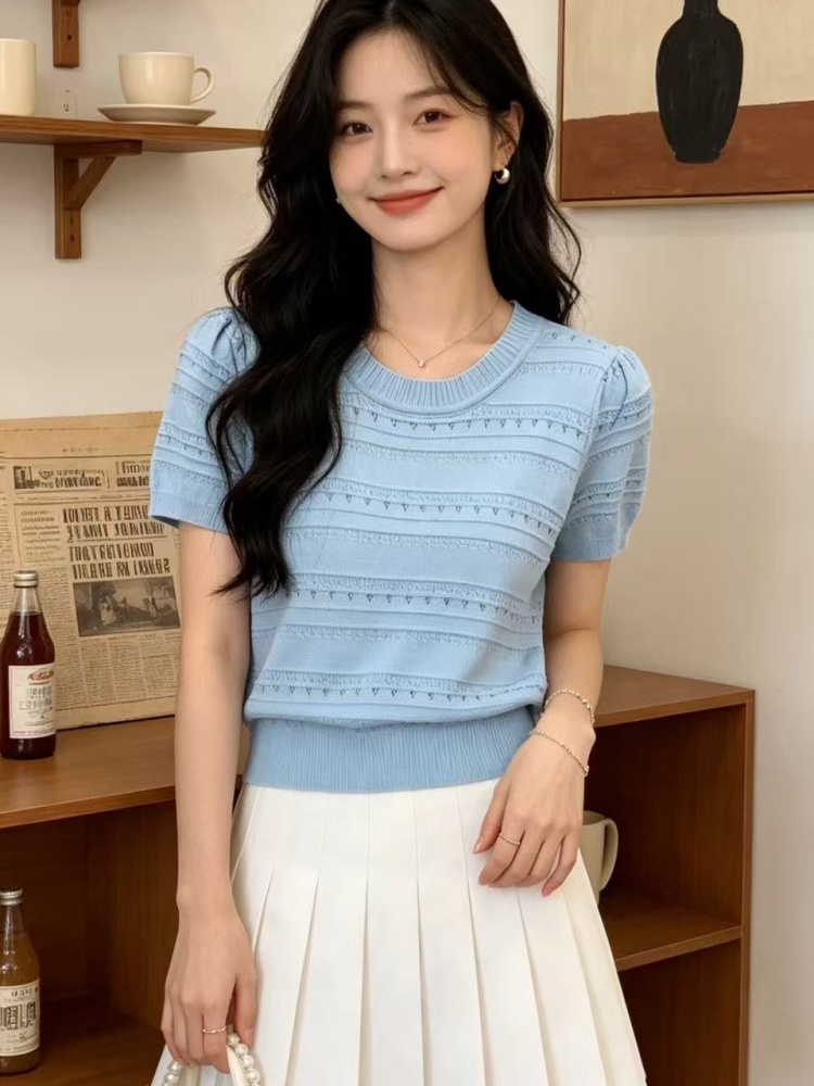 夏季杏色泡泡袖T恤冰絲圓領套頭2026新款超薄透氣小孔針織打底衫